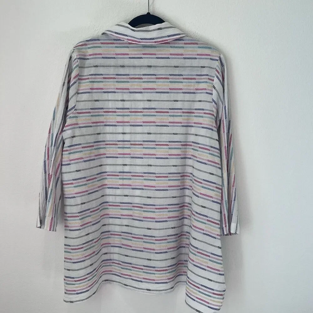 Habitat Shirt Wrap Around Fiesta Weave Tunic Top White Striped M Party Brunch - Picture 7 of 9